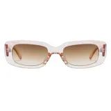 Gafas de sol unisex con montura rectangular transparente y lentes marrones degradadas. Fabricadas con plástico reciclado y filtro UV 400.