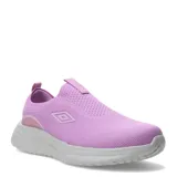 Championes deportivos Umbro sin cordones, color lila/rosado, con capellada tejida tipo calcetín y logo Umbro en el lateral. Suela gruesa de goma blanca con textura en la parte inferior.