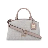 Cartera Guess modelo Easley, tamaño pequeño, color blanco con estampado del logo de la marca en gris. Tiene doble asa de mano color beige, correa de hombro ajustable y extraíble, y herrajes dorados. Incluye un dije con forma de candado con el logo de la marca.