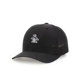 Gorra deportiva negra con logo de pingüino bordado en blanco en el frente y perforaciones laterales para ventilación.