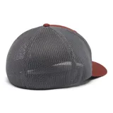 Gorra de béisbol Columbia color beige con paneles traseros de malla azul marino y logo de la marca bordado en el frente.