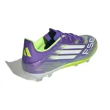Championes de fútbol Adidas F50 League Fg/mg, color violeta con detalles en verde flúor y suela amarilla.