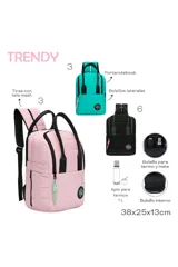 Mochila color rosa con detalles en negro y logo en verde agua.