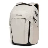 Mochila Columbia unisex de 26 litros, color beige con detalles en negro. Cuenta con dos compartimentos principales, funda para tablet y laptop de hasta 15 pulgadas, correas de hombro acolchadas, dos bolsillos para botellas de agua, bolsillo frontal y bolsillo externo con cremallera. Incluye correa de esternón ajustable, clip para llaves y asa de transporte superior acolchada.