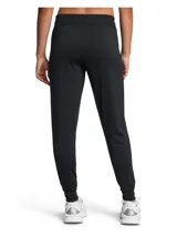 Pantalón de jogging negro Under Armour para mujer, de corte ajustado, con cintura elástica ajustable con cordón, bolsillos laterales y logo estampado en la pierna.