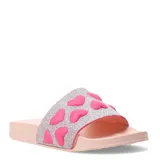 Sandalia de playa color rosa con glitter plateado y apliques de corazones rosas.