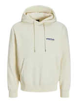 Buzo con capucha color crema, de manga larga y corte holgado. Tiene bolsillo tipo canguro y logo estampado en el pecho.