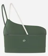 Top deportivo verde militar de microfibra acanalada, con un solo bretel fino color crema.