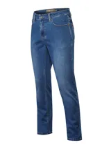 Pantalón de jean azul oscuro, corte recto, tiro medio, con bolsillos delanteros y traseros.
