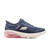Championes deportivos Skechers Hands Free Slip-ins Go Walk Air 3.0 Yasmin, color azul marino, con capellada de malla, cordones elásticos ajustables, plantilla Skechers Air-Cooled Memory Foam, tecnología Heel Pillow y suela Goodyear antideslizante.