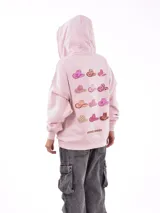 Canguro gris melange con capucha, cordones ajustables y estampado de letras "New York" con animal print rosado.