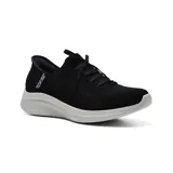 Championes deportivos Skechers Slip-ins Ultra Flex 3.0, color negro con suela blanca. Diseñados con tecnología Hands Free Slip-Ins y Heel Pillow para un ajuste cómodo y seguro. Capellada de tejido knit Stretch Fit con cordones decorativos y plantilla Skechers Air-Cooled Memory Foam.