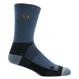 Calcetines de lana merino color azul con detalles en negro y logo naranja. Ideales para actividades outdoor.