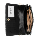 Mini bolso bandolera Guess Noelle color negro con correa de cadena dorada y logo triangular dorado.