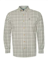 Camisa de franela de algodón orgánico con cuello americano abotonado, manga larga, corte regular y estampado a cuadros en tonos azul, blanco y rojo.