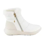 Bota corta blanca de cuero con detalle de piel sintética en el borde superior, cierre lateral con cremallera dorada y suela deportiva.