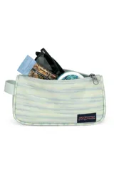 Cartuchera rectangular con cierre superior, asa lateral y estampado a rayas horizontales en tonos verde agua, celeste y blanco. Logo de la marca JanSport en el frente.