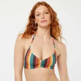 Top de bikini con estampado de rayas verticales en tonos marrón, verde, naranja y rosa. Diseño de triángulo con tirantes finos y detalle fruncido en el centro del busto.
