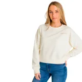 Buzo color crema de corte holgado, con cuello redondo y logo de la marca bordado en el pecho.