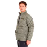 Campera acolchada color bordó con cierre frontal, cuello alto y logo de Caterpillar en el pecho.