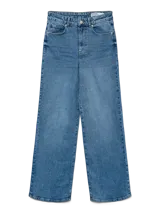 Pantalón de jean azul de corte ancho, tiro alto y pierna extra larga.