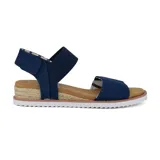 Sandalia Skechers Bobs Desert Kiss color azul marino, con capellada de lona tejida y tiras elásticas. Cuenta con plantilla Memory Foam, cuña baja con entresuela de yute y suela de goma flexible.