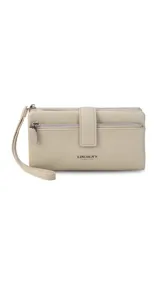 Billetera de mujer color beige, con presilla con broche, correa de mano, tarjeteros internos, monedero con cierre y bolsillo para billetes.