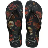 Ojotas Havaianas negras con estampado de calaveras, rosas, mariposas y serpientes.