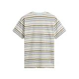 Remera de mangas cortas con cuello redondo y bolsillo en el pecho. Diseño a rayas horizontales en tonos beige, marrón, verde y negro.