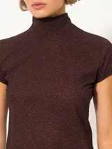 Top de punto marrón con estampado animal print, cuello alto y mangas cortas.