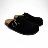 Zuecos negros con hebilla plateada ajustable y plantilla anatómica de corcho.