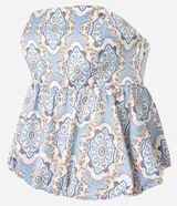 Blusa femenina sin breteles con estampa abstracta y elástico en la espalda, de poliéster con tacto satinado.