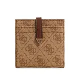 Tarjetero Guess modelo Laurel Quattro G, color marrón con logo estampado y detalles dorados.