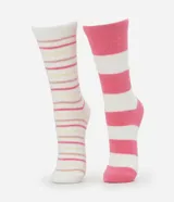 Kit de dos pares de medias de caña larga confeccionadas en chenille con estampado de rayas horizontales. Un par es blanco con rayas rosas, amarillas y marrones, y el otro par es rosa con rayas blancas.
