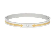 Pulsera rígida plateada con banda dorada, inscripción "Forever Love" con flechas y un pequeño brillante en el centro.