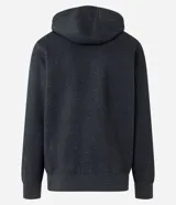 Saco deportivo gris de algodón y poliéster, con capucha ajustable con cordón, cierre frontal con cremallera, mangas largas con puños ajustados y bolsillos laterales.