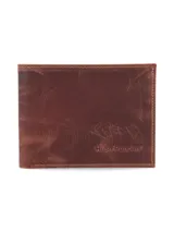 Billetera de cuero marrón con costuras al tono y logo de la marca grabado en la esquina inferior derecha.