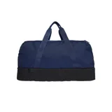 Bolso Adidas Tiro League azul marino con base negra y logo blanco. Tiene doble asa de mano, correa de hombro ajustable, compartimento principal con cierre en forma de U, bolsillo lateral de malla y compartimento inferior rígido.