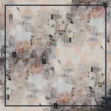 Pañuelo cuadrado grande con estampado abstracto en tonos pastel, con borde negro.