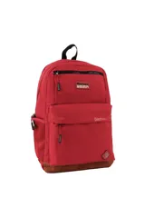 Mochila Discovery color bordeaux con base reforzada en color marrón. Presenta un compartimento principal con cierre, un bolsillo frontal de gran tamaño, un bolsillo superior pequeño con cierre y bolsillos laterales de malla. Incluye asa de mano superior y correas ajustables.