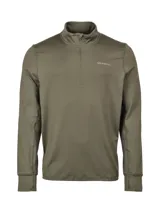 Buzo gris de poliéster reciclado y spandex, con cuello alto y cierre de cremallera hasta el pecho. Tiene mangas largas con orificios para los pulgares y logo de la marca en el pecho.