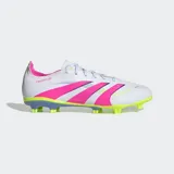 Championes de fútbol Adidas Predator League, color blanco con detalles en rosa vibrante, amarillo neón y azul claro. Presentan tres franjas laterales en rosa y amarillo neón, y la palabra "PREDATOR" en el talón.