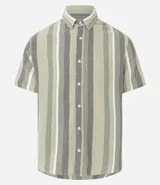 Camisa de manga corta para hombre marca Marfinno, confeccionada en tejido texturizado de mezcla de algodón y poliéster. Presenta un diseño de rayas verticales en tonos beige, gris y bordó, con cuello tradicional y cierre frontal mediante botones.