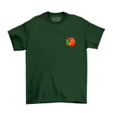 Remera verde oscuro de algodón con cuello redondo y mangas cortas. Estampado pequeño en el pecho de Pochita, personaje de Chainsaw Man, junto a texto en japonés.