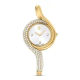 Reloj con brazalete rígido dorado con cristales incrustados, esfera blanca con tres cristales indicadores y agujas doradas.