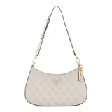 Cartera Guess modelo Noelle II, tipo baguette, con estampado del logo de la marca en tonos beige y correa de hombro ajustable en color blanco. Incluye llavero colgante con el logo de Guess en dorado.