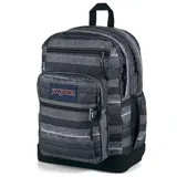 Mochila Jansport Cool Student con diseño a rayas horizontales en tonos grises y negros. Cuenta con dos compartimentos principales, funda para laptop de 15 pulgadas, bolsillo lateral para botella, panel trasero acolchado y correas ergonómicas.