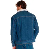 Chaqueta de denim azul con forro de sherpa color crema, cierre con botones metálicos, bolsillos superiores con broche metálico, bolsillos inferiores tipo Welt y puños con cierre sin marca.