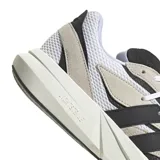 Championes Adidas Light Blaze, capellada de malla blanca con refuerzos de gamuza color crema y detalles en cuero sintético negro. Las tres tiras características de la marca son de cuero sintético negro.