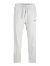 Pantalón de jogging gris claro, de algodón y poliéster reciclado, con cintura elástica ajustable con cordón, corte relajado, tiro medio y logo bordado en la pierna izquierda.